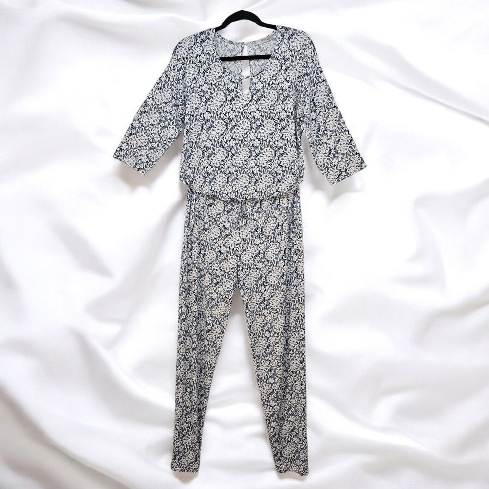Quinze Heures Trente Paris Women M-L? Floral Lace Print Jumpsuit Blue White